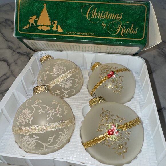 4 Vintage Christmas By Krebs Glass Ornament Ball Gold Ribbon Satin Flower White - Picture 1 of 12